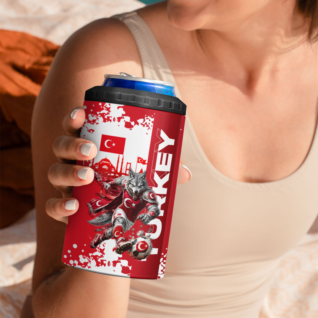 Personalized Turkey Football 4 in 1 Can Cooler Tumbler Turkish Flag Grey Wolf Skyline