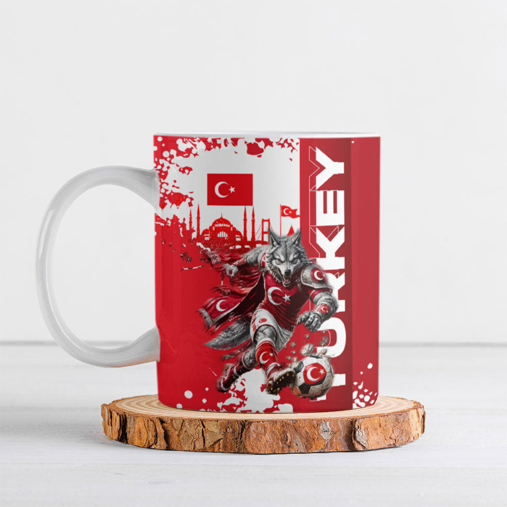 Personalized Turkey Football Ceramic Mug Turkish Flag Grey Wolf Skyline