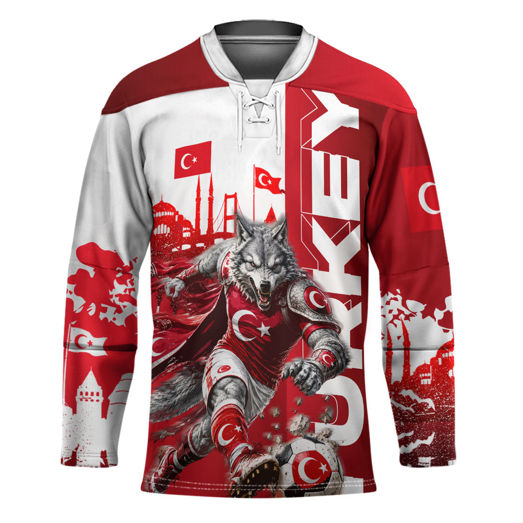 Personalized Turkey Football Hockey Jersey Turkish Flag Grey Wolf Skyline