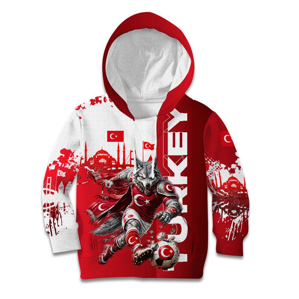 Personalized Turkey Football Kid Hoodie Turkish Flag Grey Wolf Skyline