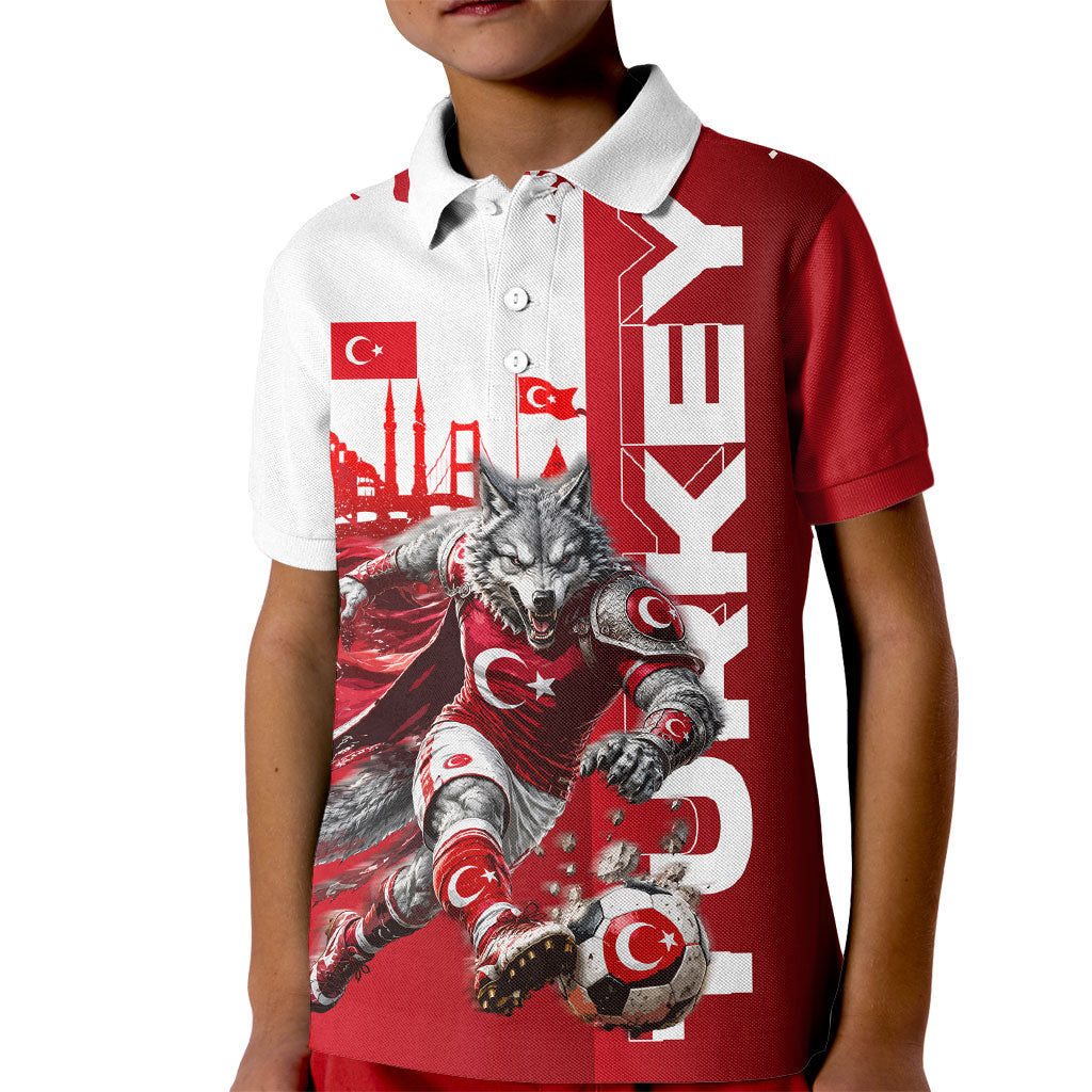 Personalized Turkey Football Kid Polo Shirt Turkish Flag Grey Wolf Skyline