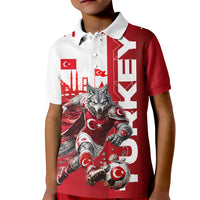 Personalized Turkey Football Kid Polo Shirt Turkish Flag Grey Wolf Skyline