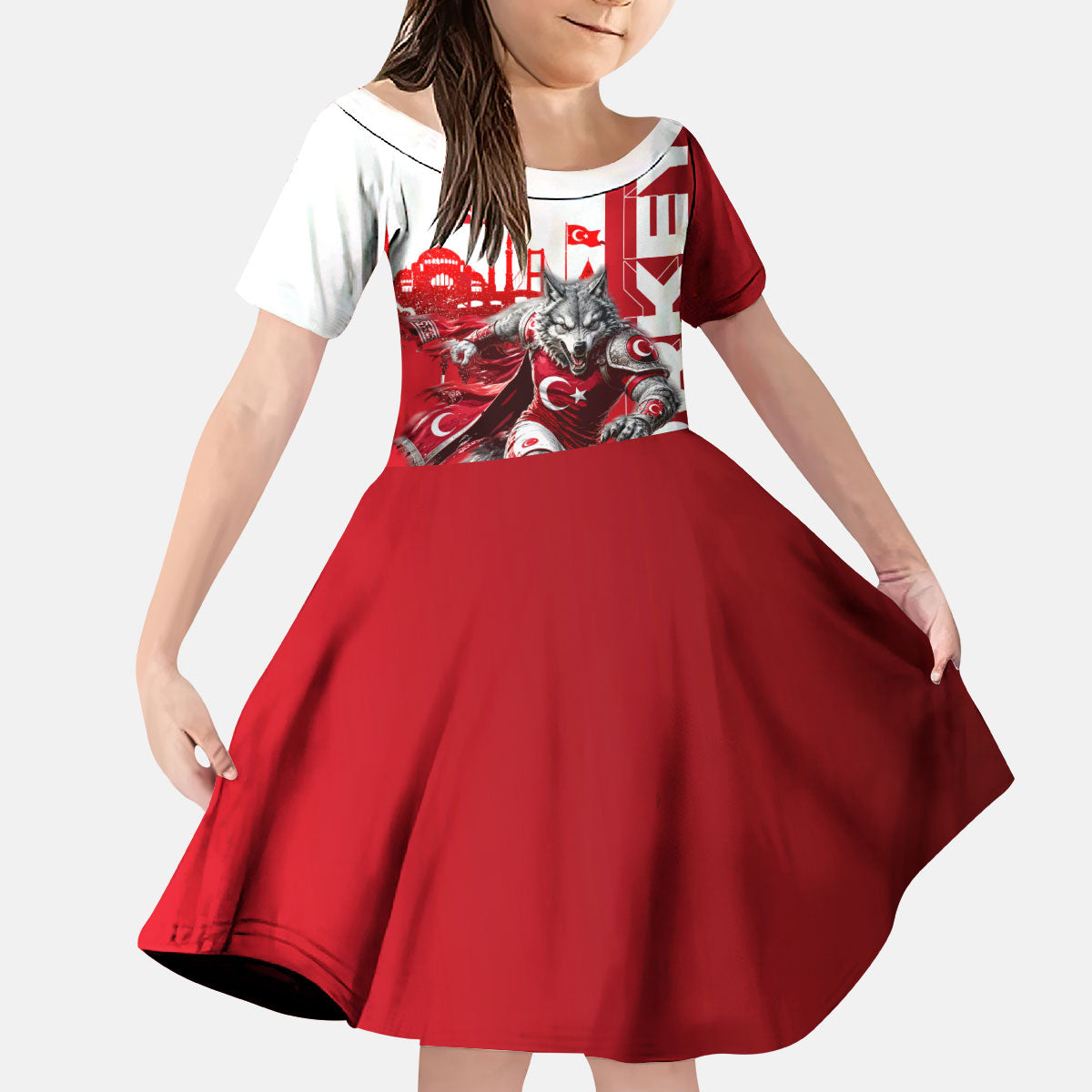 Personalized Turkey Football Kid Short Sleeve Dress Turkish Flag Grey Wolf Skyline