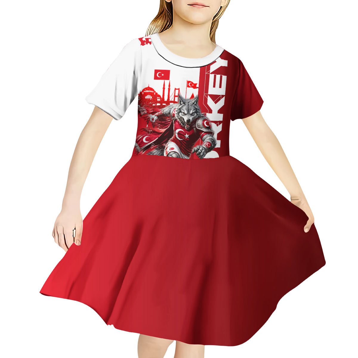 Personalized Turkey Football Kid Short Sleeve Dress Turkish Flag Grey Wolf Skyline