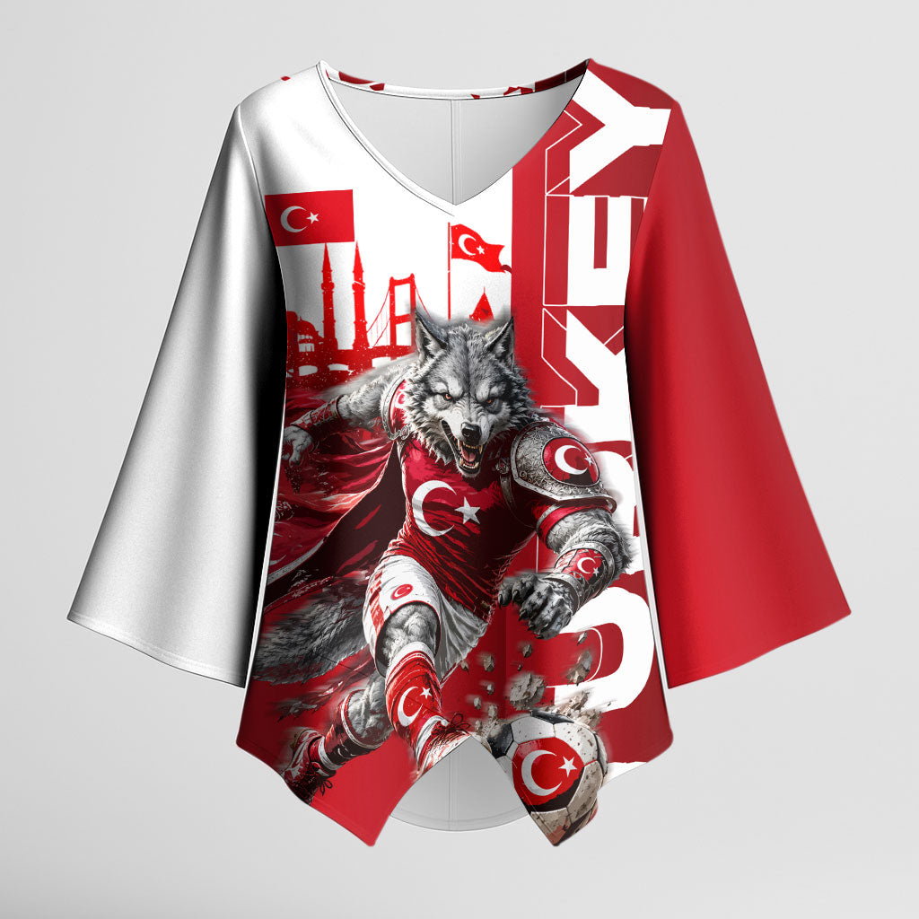 Personalized Turkey Football Kimono Sleeve Blouse Turkish Flag Grey Wolf Skyline