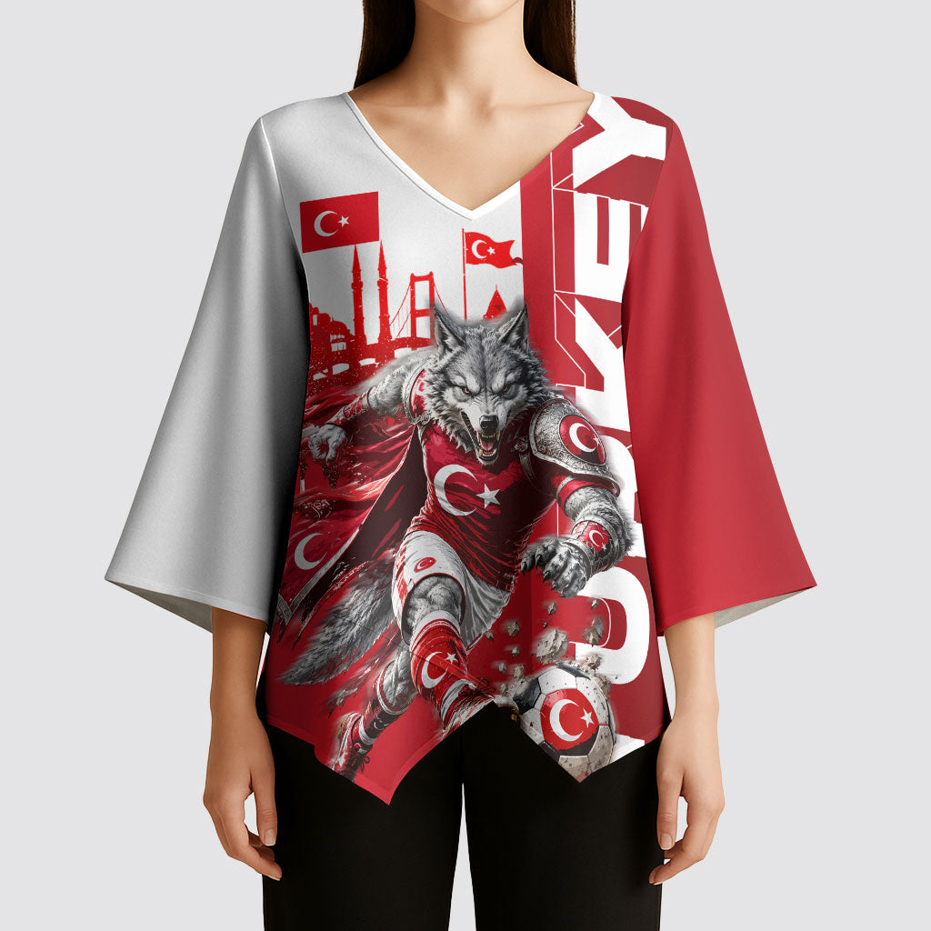 Personalized Turkey Football Kimono Sleeve Blouse Turkish Flag Grey Wolf Skyline
