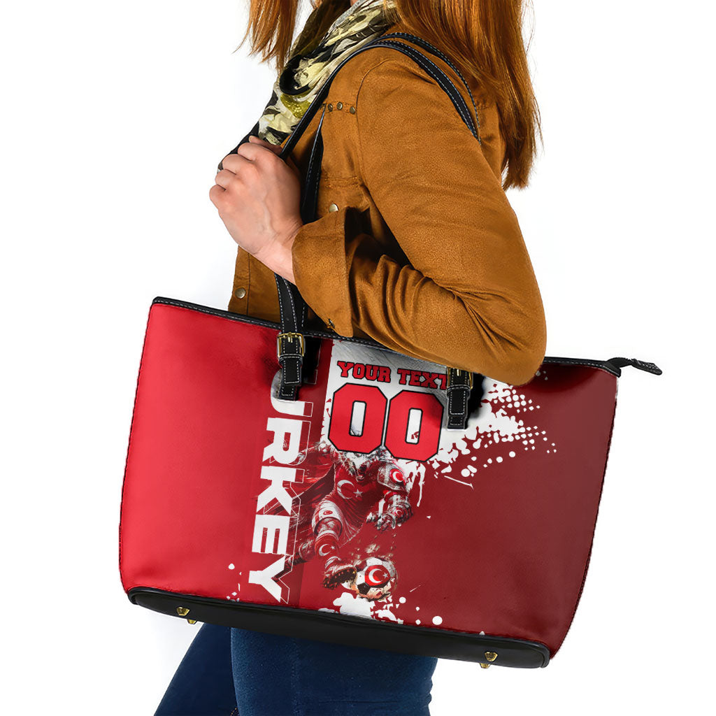 Personalized Turkey Football Leather Tote Bag Turkish Flag Grey Wolf Skyline