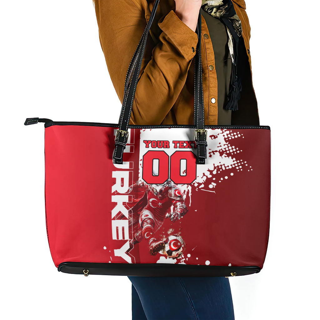 Personalized Turkey Football Leather Tote Bag Turkish Flag Grey Wolf Skyline
