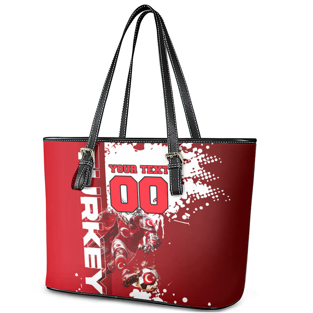 Personalized Turkey Football Leather Tote Bag Turkish Flag Grey Wolf Skyline