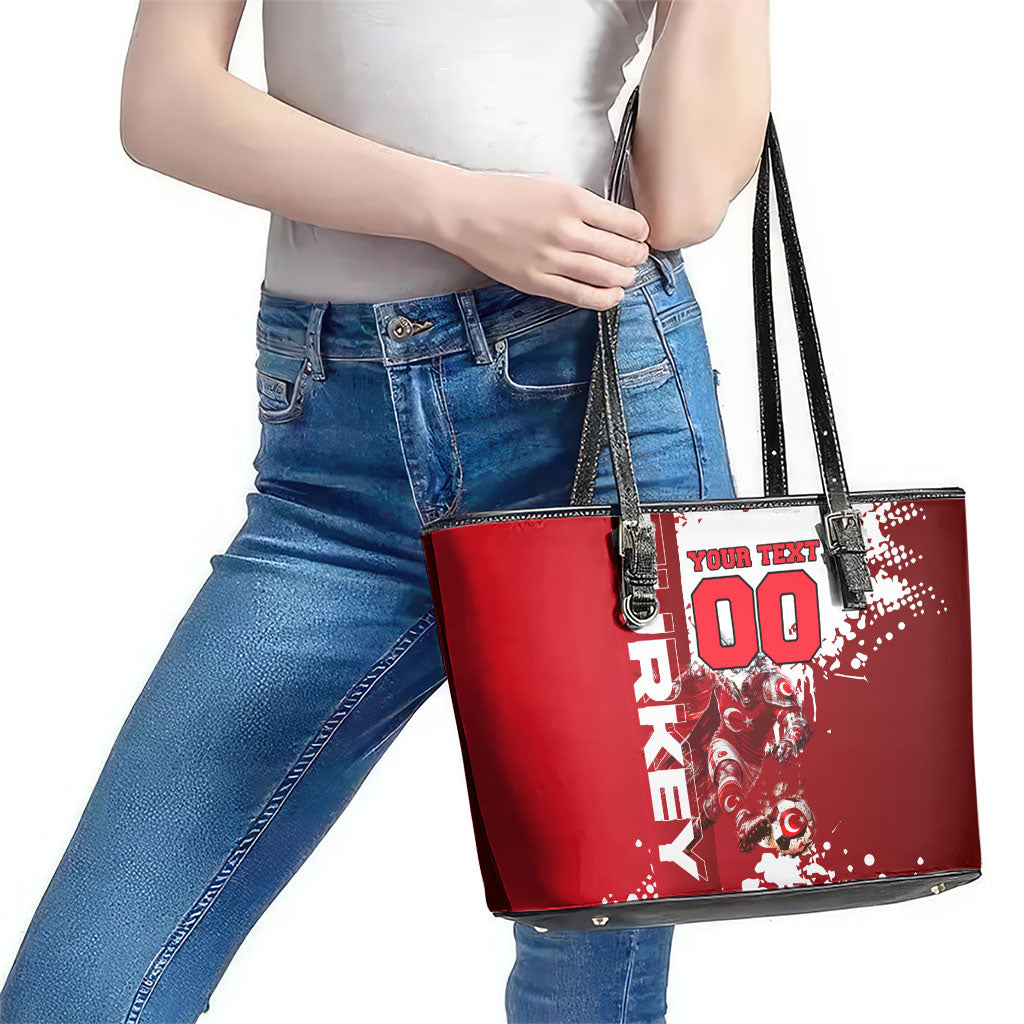 Personalized Turkey Football Leather Tote Bag Turkish Flag Grey Wolf Skyline