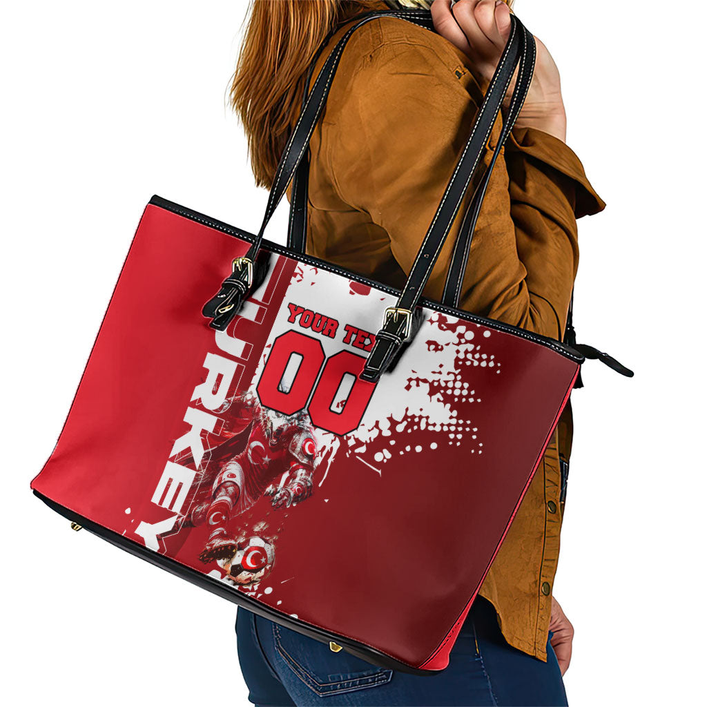Personalized Turkey Football Leather Tote Bag Turkish Flag Grey Wolf Skyline