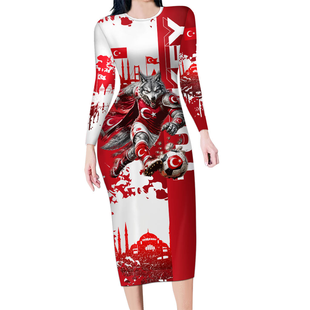 Personalized Turkey Football Long Sleeve Bodycon Dress Turkish Flag Grey Wolf Skyline