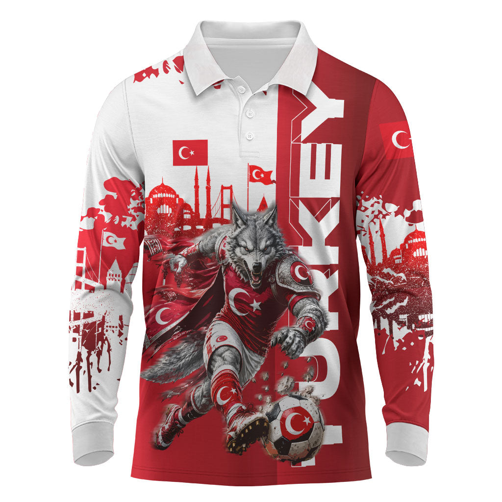 Personalized Turkey Football Long Sleeve Polo Shirt Turkish Flag Grey Wolf Skyline