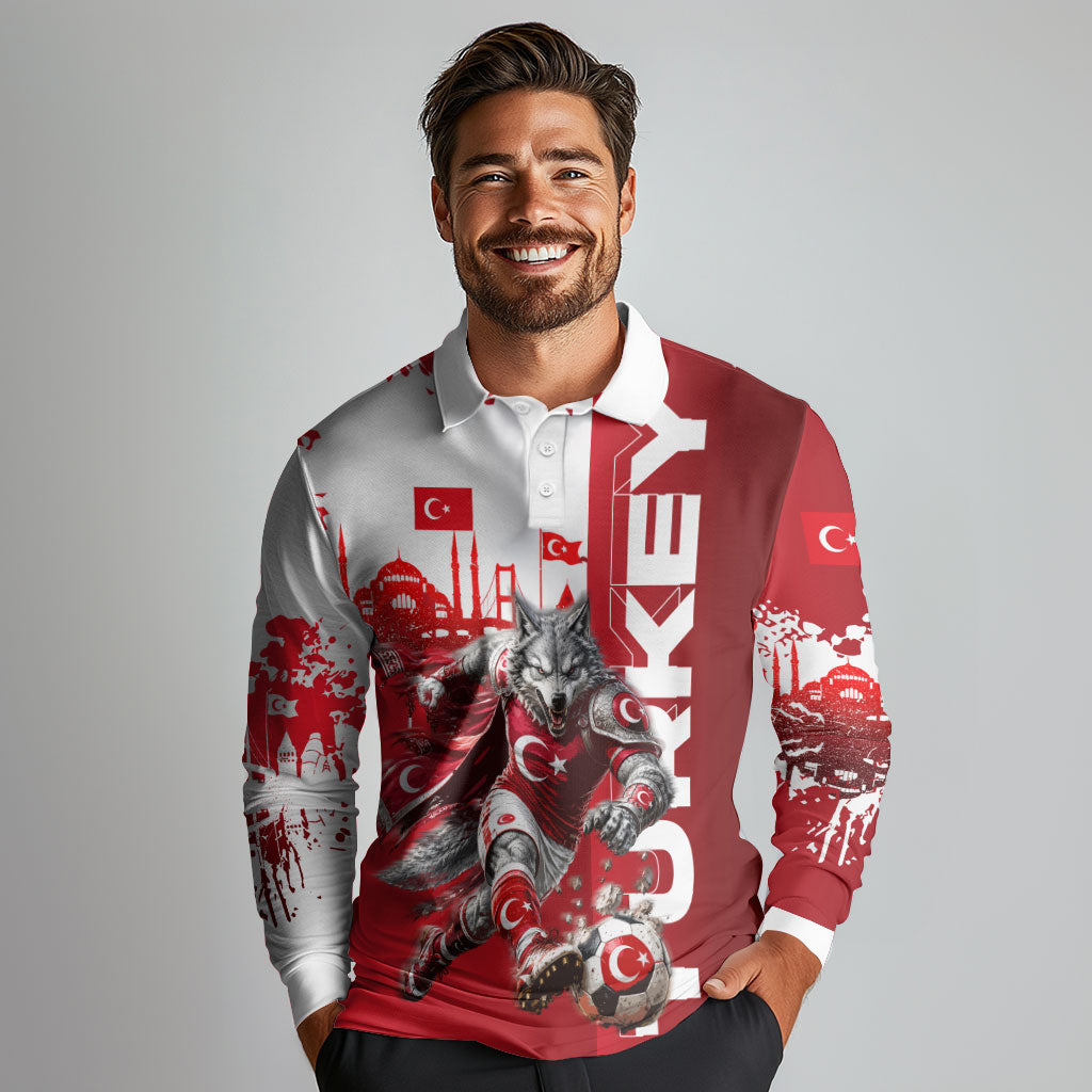 Personalized Turkey Football Long Sleeve Polo Shirt Turkish Flag Grey Wolf Skyline