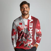 Personalized Turkey Football Long Sleeve Polo Shirt Turkish Flag Grey Wolf Skyline
