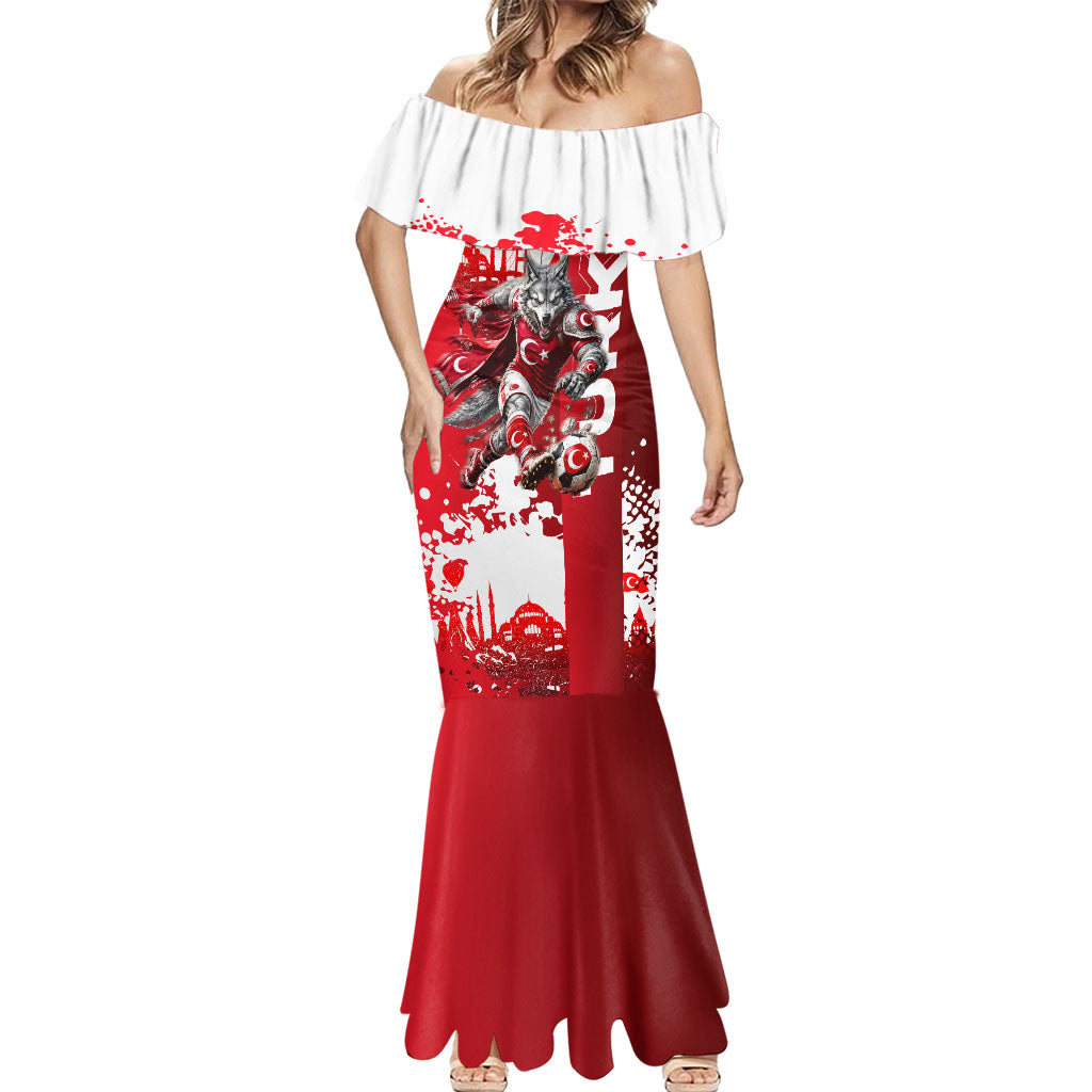 Personalized Turkey Football Mermaid Dress Turkish Flag Grey Wolf Skyline