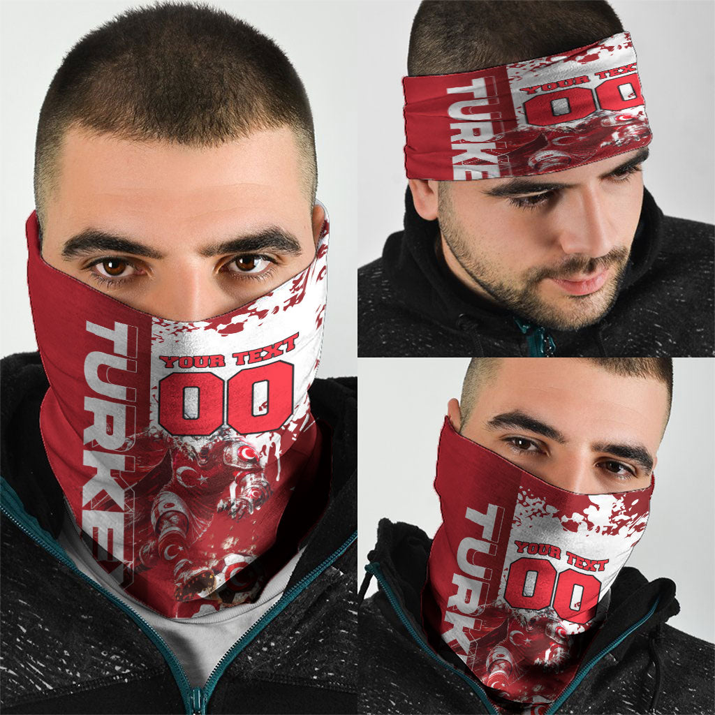 Personalized Turkey Football Neck Gaiter Turkish Flag Grey Wolf Skyline