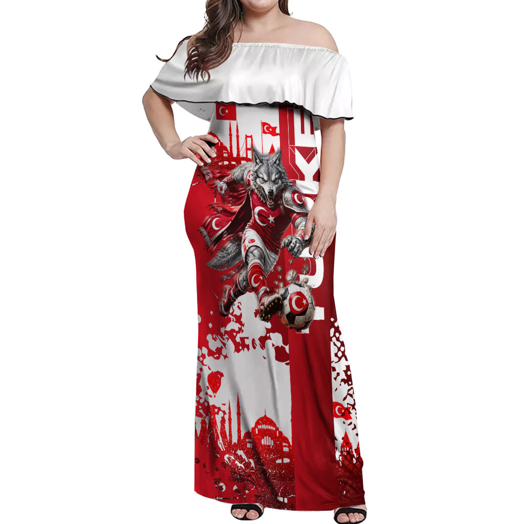 Personalized Turkey Football Off Shoulder Maxi Dress Turkish Flag Grey Wolf Skyline