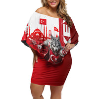 Personalized Turkey Football Off Shoulder Short Dress Turkish Flag Grey Wolf Skyline