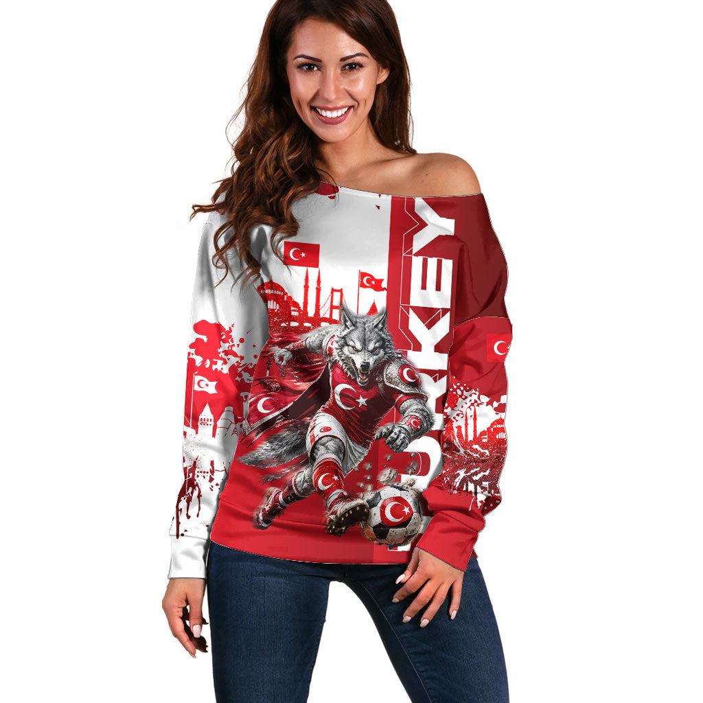Personalized Turkey Football Off Shoulder Sweater Turkish Flag Grey Wolf Skyline