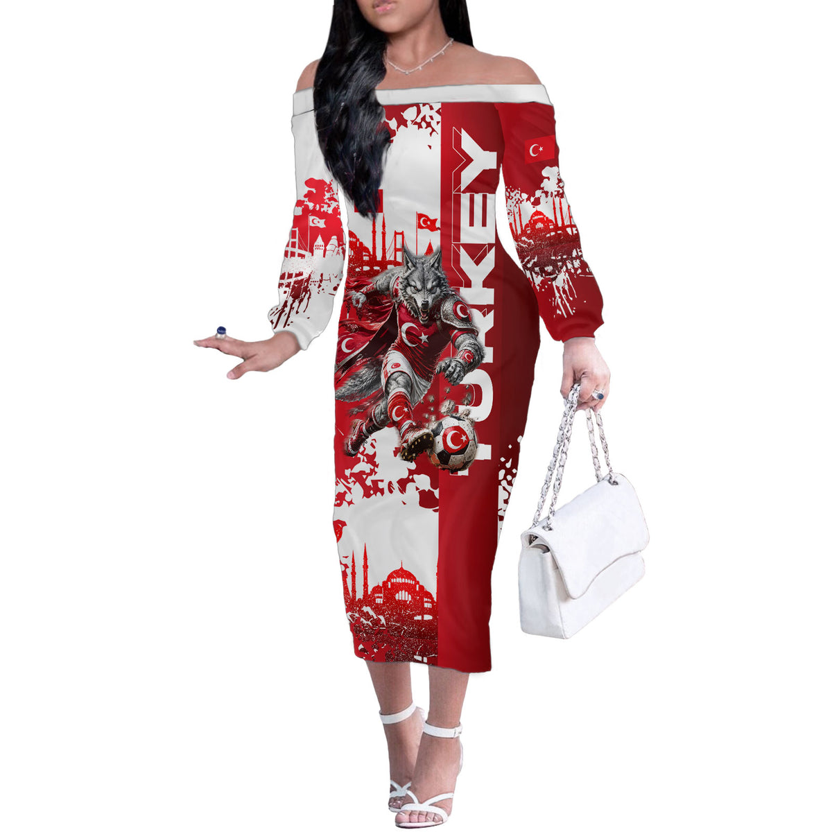 Personalized Turkey Football Off The Shoulder Long Sleeve Dress Turkish Flag Grey Wolf Skyline
