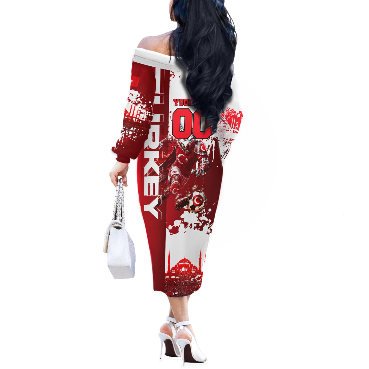 Personalized Turkey Football Off The Shoulder Long Sleeve Dress Turkish Flag Grey Wolf Skyline
