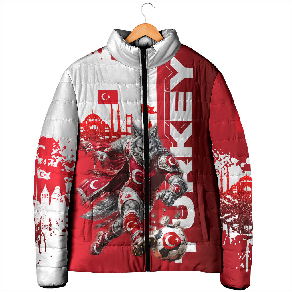 Personalized Turkey Football Padded Jacket Turkish Flag Grey Wolf Skyline