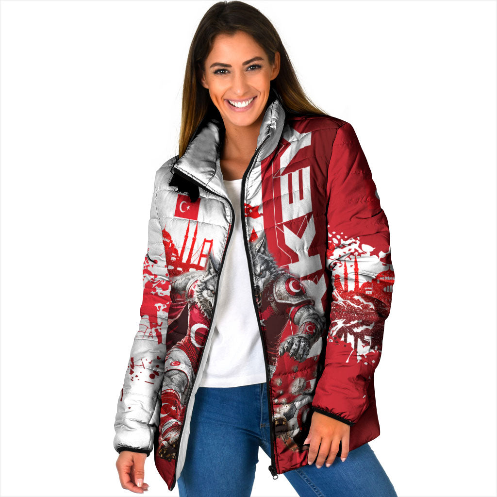 Personalized Turkey Football Padded Jacket Turkish Flag Grey Wolf Skyline