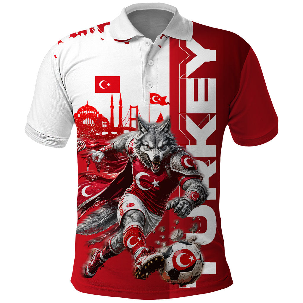 Personalized Turkey Football Polo Shirt Turkish Flag Grey Wolf Skyline
