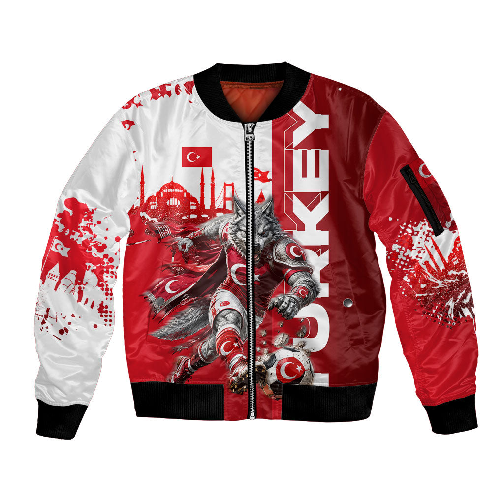 Personalized Turkey Football Sleeve Zip Bomber Jacket Turkish Flag Grey Wolf Skyline