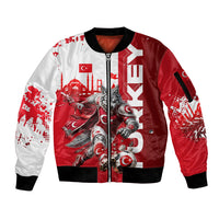 Personalized Turkey Football Sleeve Zip Bomber Jacket Turkish Flag Grey Wolf Skyline