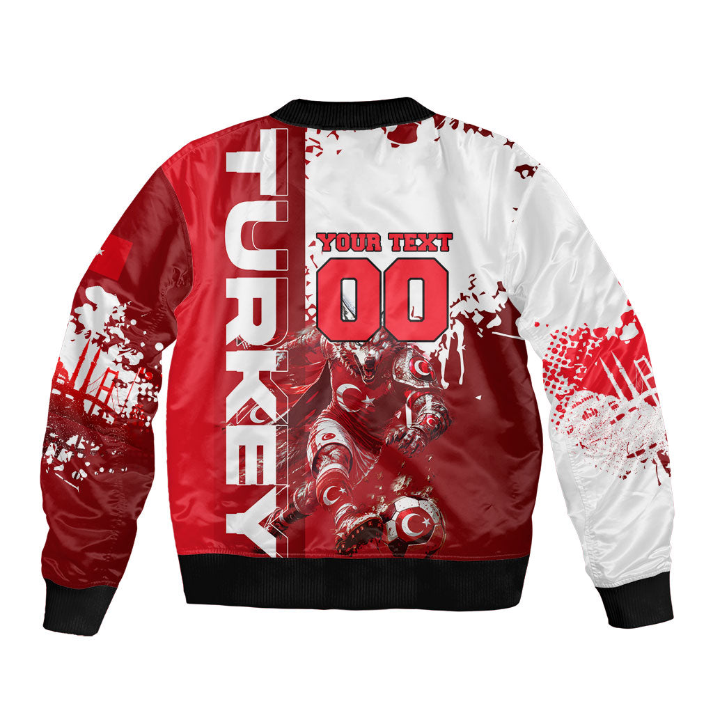 Personalized Turkey Football Sleeve Zip Bomber Jacket Turkish Flag Grey Wolf Skyline