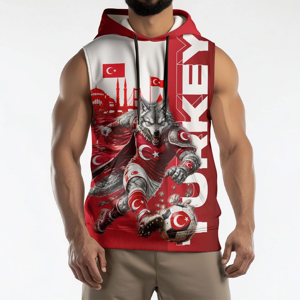 Personalized Turkey Football Sleeveless Hoodie Turkish Flag Grey Wolf Skyline