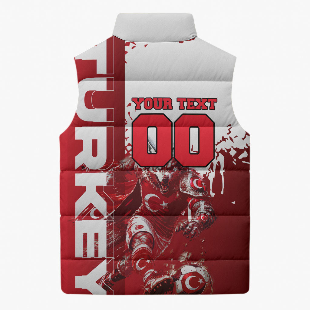 Personalized Turkey Football Sleeveless Puffer Jacket Turkish Flag Grey Wolf Skyline