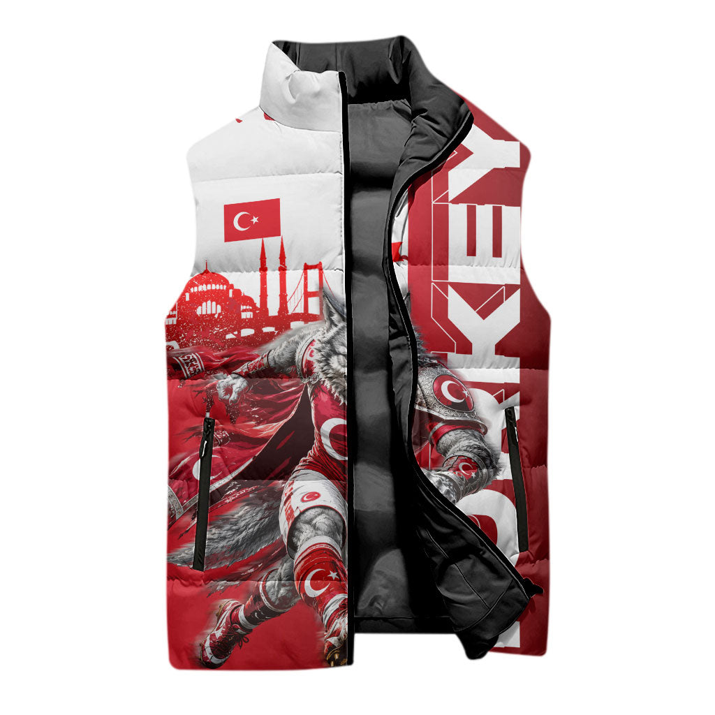 Personalized Turkey Football Sleeveless Puffer Jacket Turkish Flag Grey Wolf Skyline