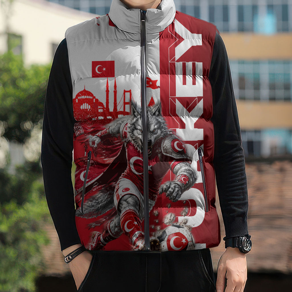 Personalized Turkey Football Sleeveless Puffer Jacket Turkish Flag Grey Wolf Skyline