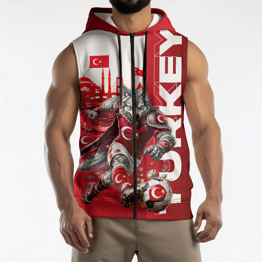 Personalized Turkey Football Sleeveless Zip Hoodie Turkish Flag Grey Wolf Skyline