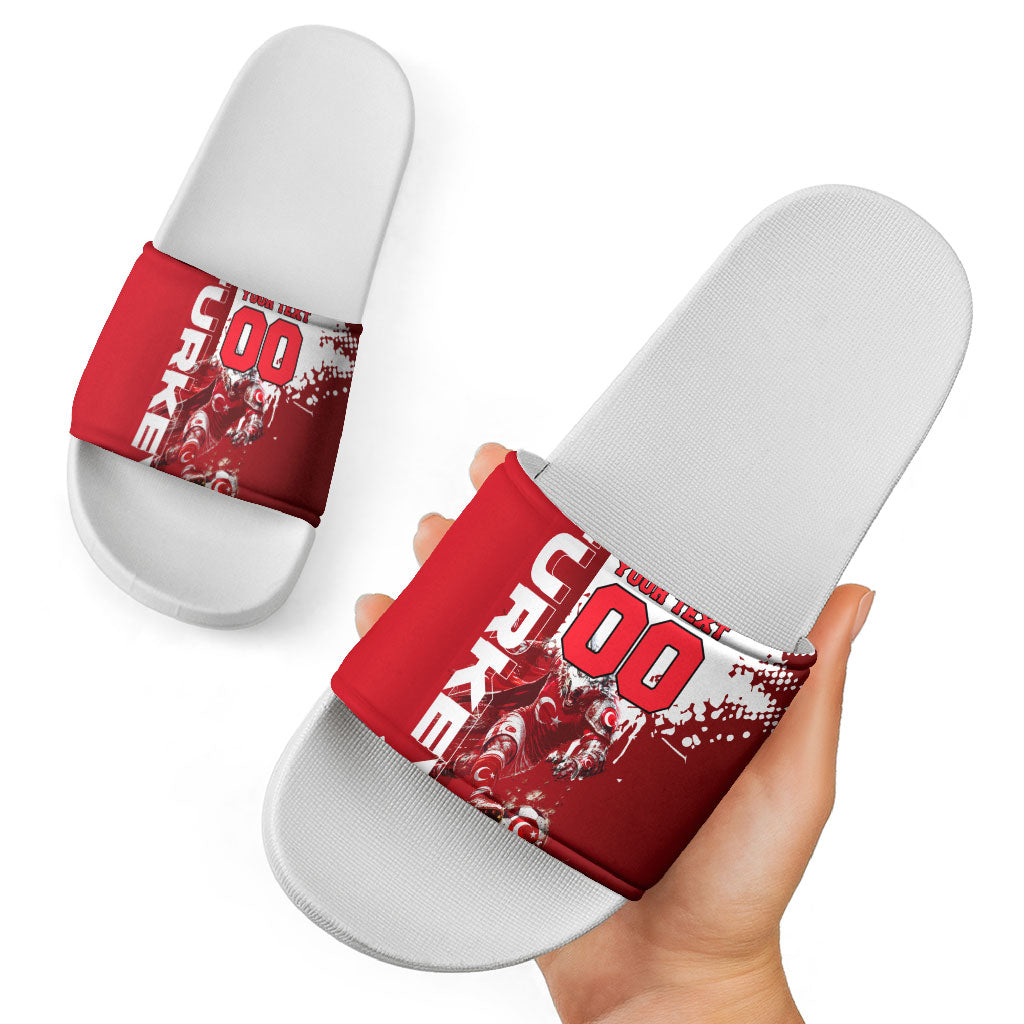 Personalized Turkey Football Slide Sandals Turkish Flag Grey Wolf Skyline
