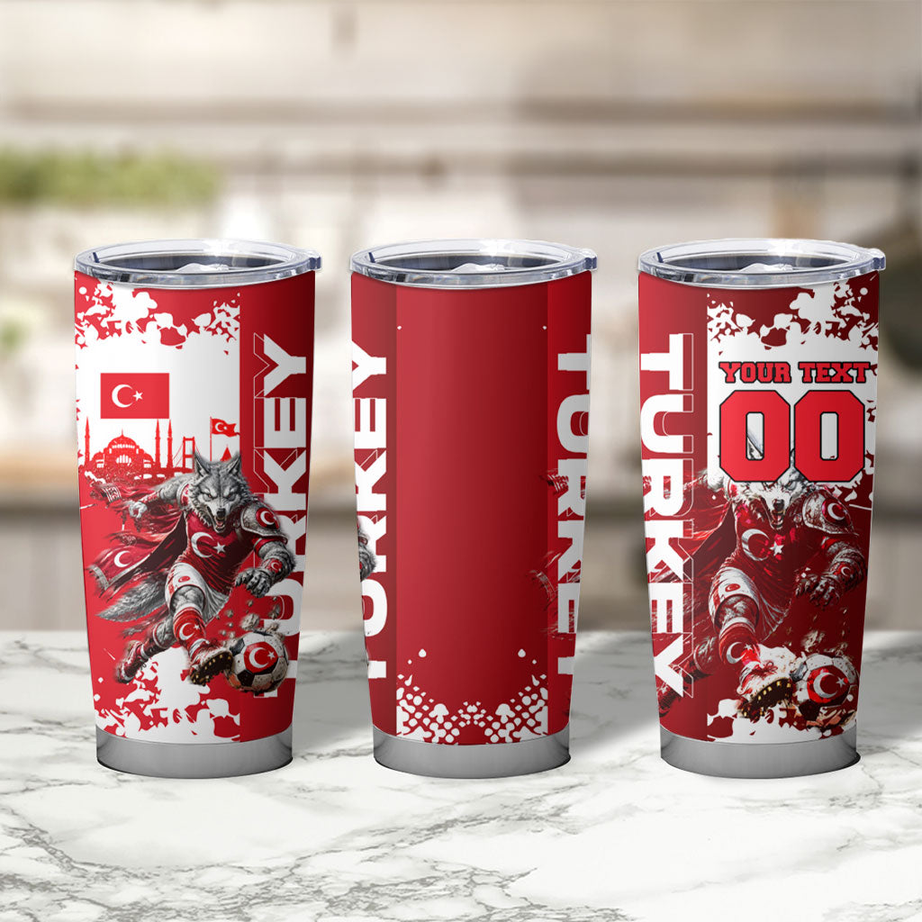 Personalized Turkey Football Tumbler Cup Turkish Flag Grey Wolf Skyline