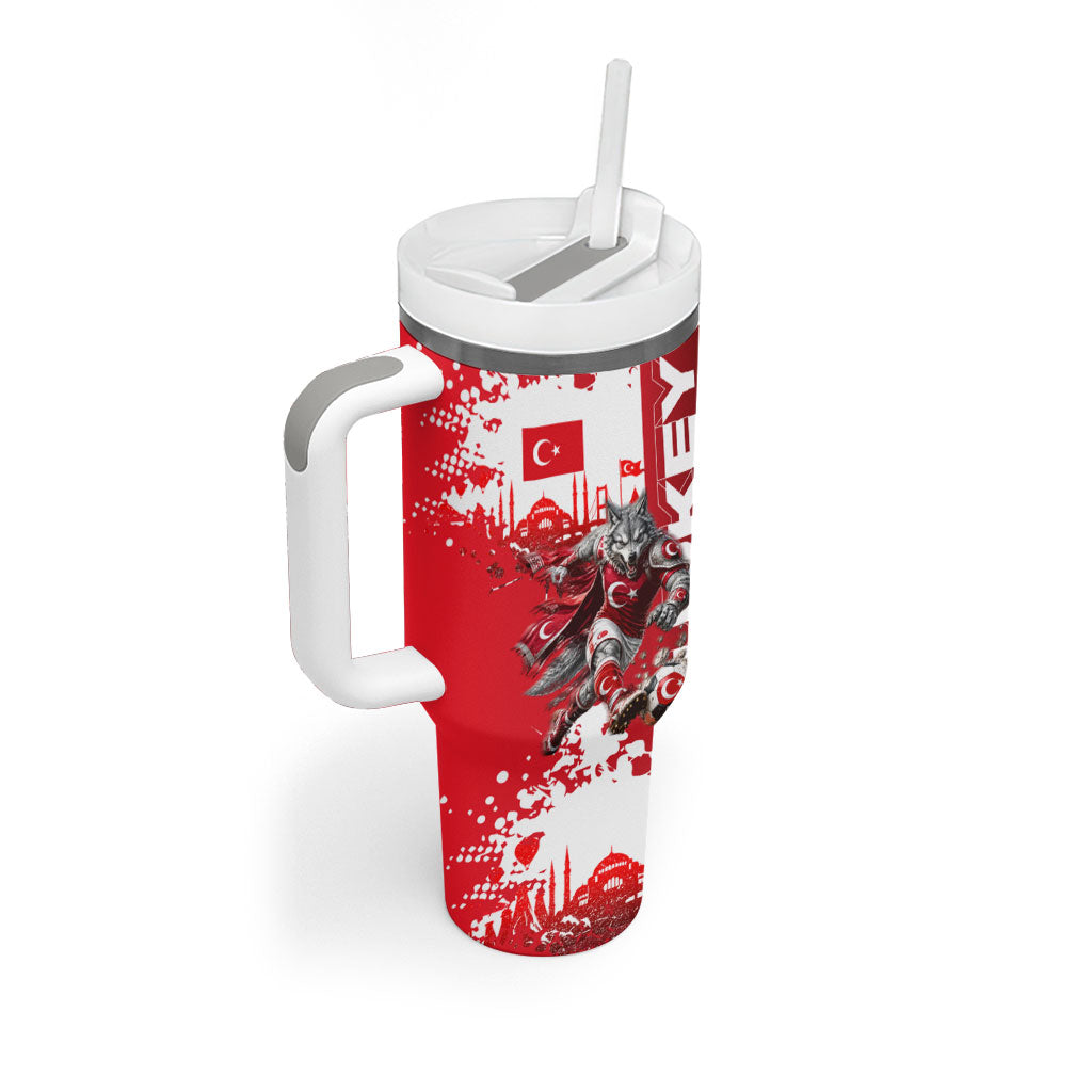 Personalized Turkey Football Tumbler With Handle Turkish Flag Grey Wolf Skyline