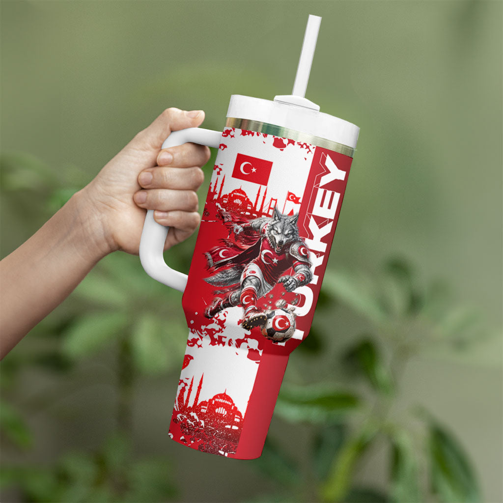 Personalized Turkey Football Tumbler With Handle Turkish Flag Grey Wolf Skyline