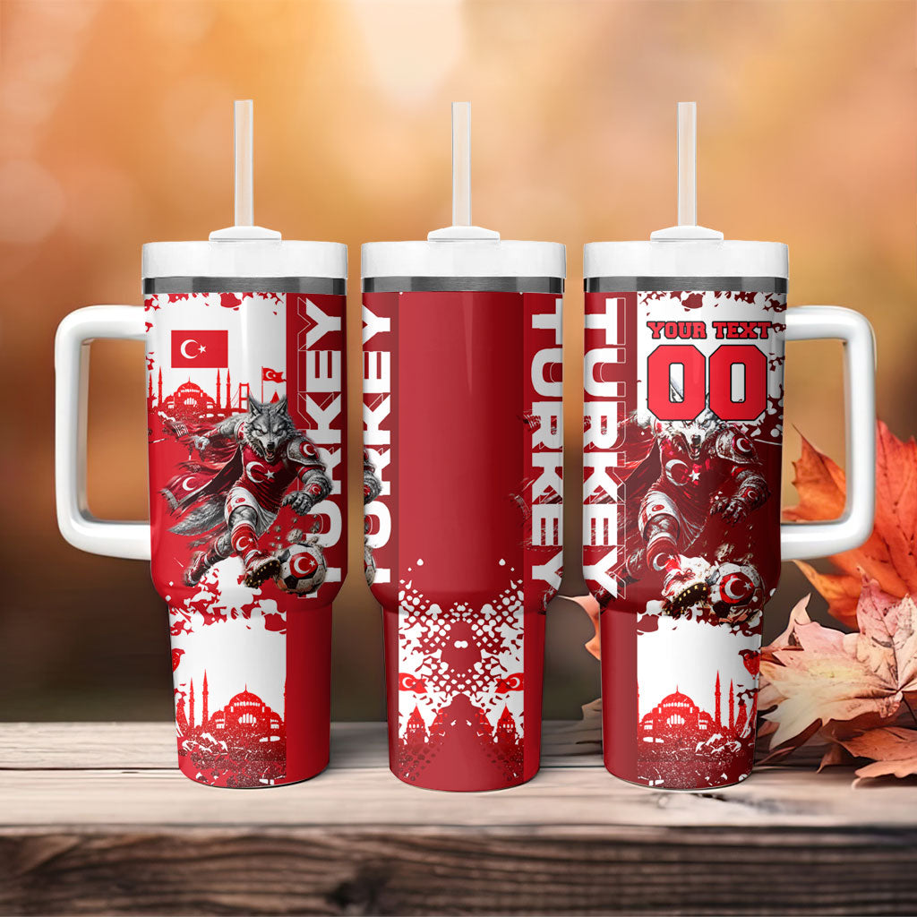Personalized Turkey Football Tumbler With Handle Turkish Flag Grey Wolf Skyline