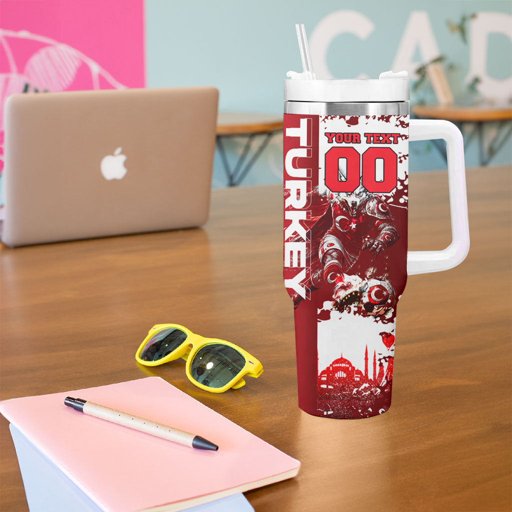 Personalized Turkey Football Tumbler With Handle Turkish Flag Grey Wolf Skyline