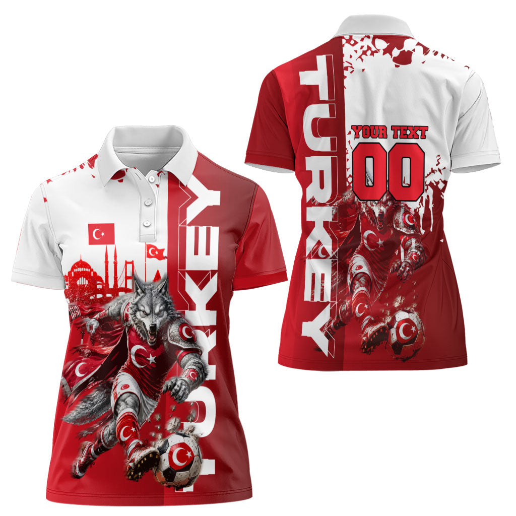 Personalized Turkey Football Women Polo Shirt Turkish Flag Grey Wolf Skyline