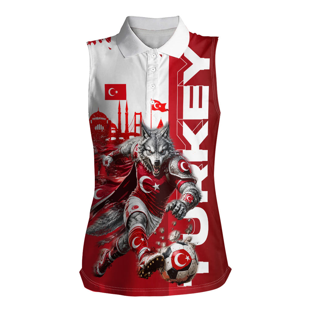 Personalized Turkey Football Women Sleeveless Polo Shirt Turkish Flag Grey Wolf Skyline
