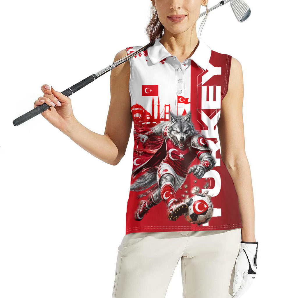 Personalized Turkey Football Women Sleeveless Polo Shirt Turkish Flag Grey Wolf Skyline