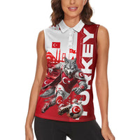 Personalized Turkey Football Women Sleeveless Polo Shirt Turkish Flag Grey Wolf Skyline