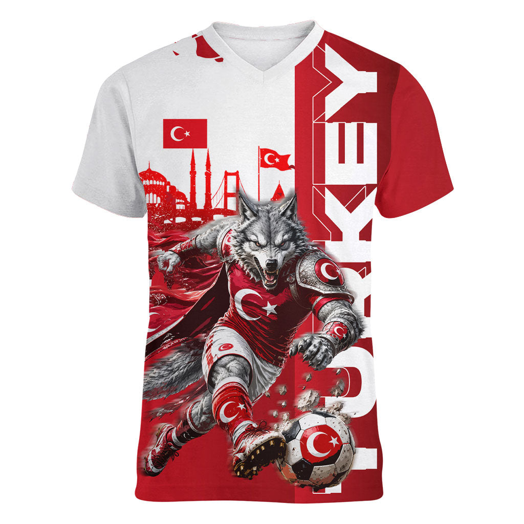 Personalized Turkey Football Women V-Neck T-Shirt Turkish Flag Grey Wolf Skyline