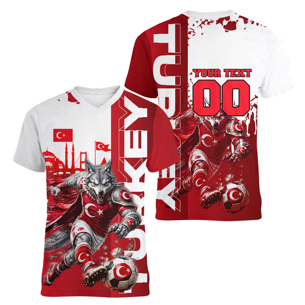 Personalized Turkey Football Women V-Neck T-Shirt Turkish Flag Grey Wolf Skyline