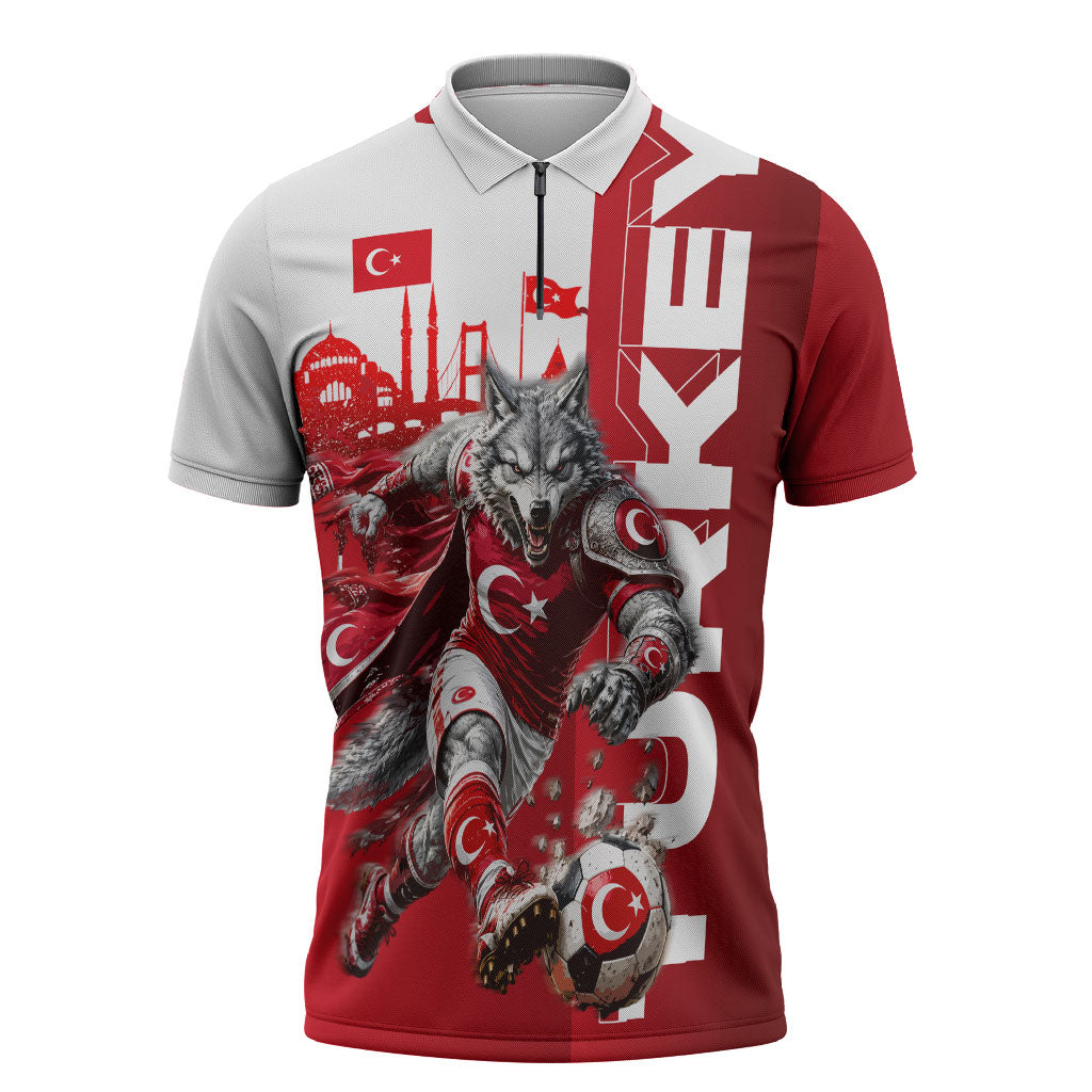 Personalized Turkey Football Zipper Polo Shirt Turkish Flag Grey Wolf Skyline